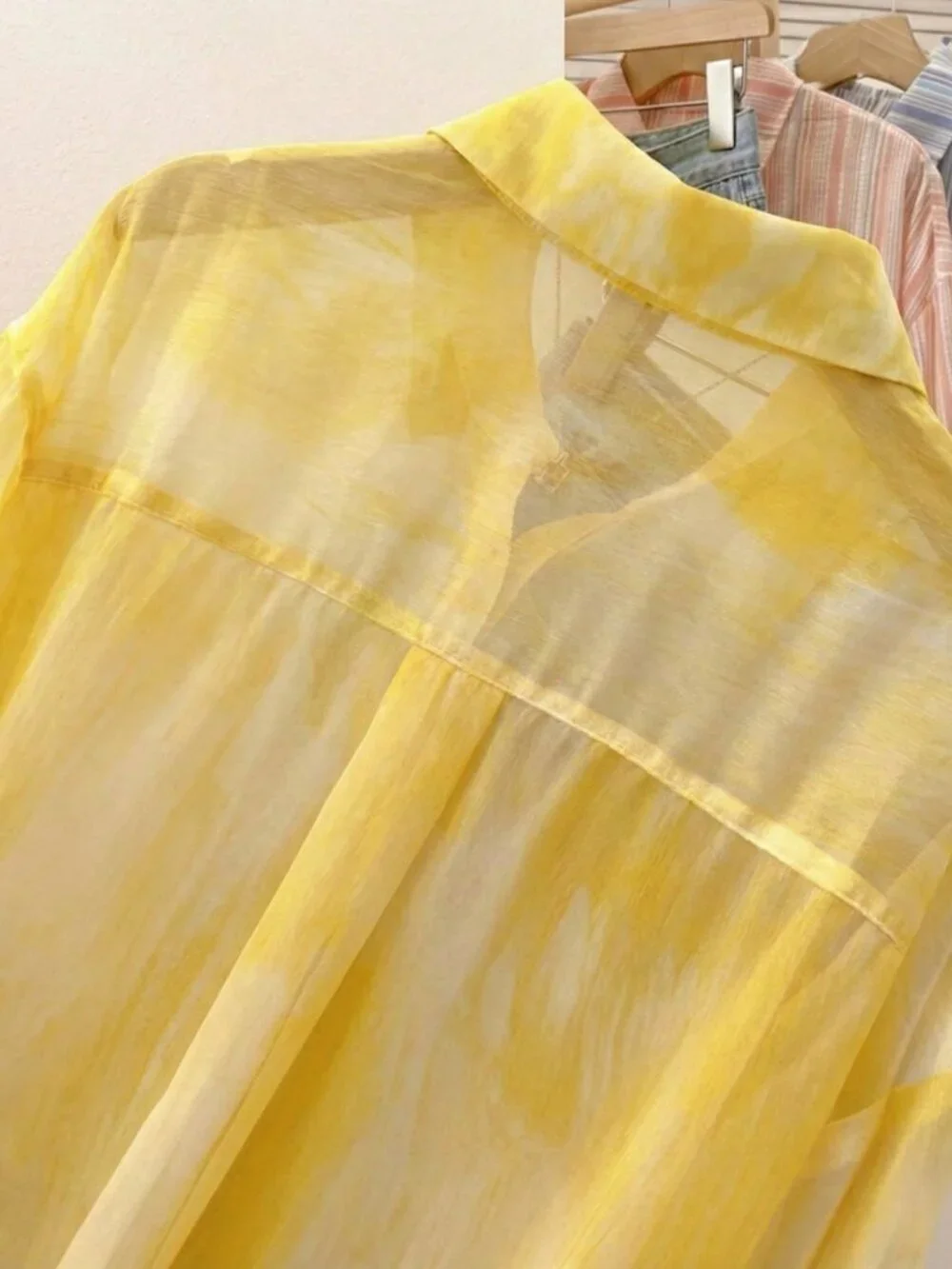 Yellow Casual Tie-Dye Women's Lightweight Sheer Long Sleeve button down Blouse - Picture 8 of 10